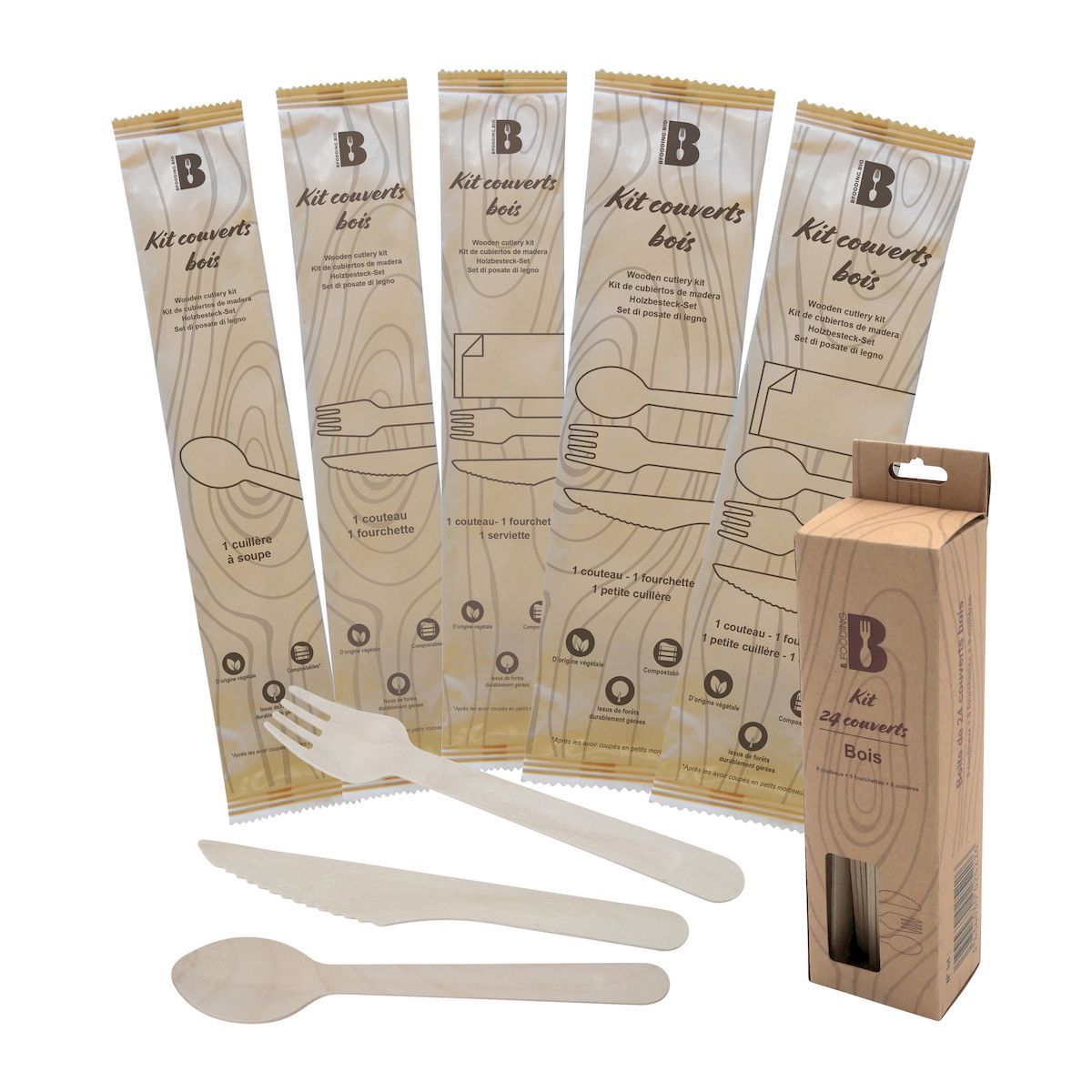 Kit couverts en bois jetables