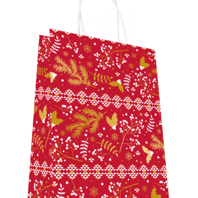 Sacs kraft Noël rouges à motifs feuillages dorés x50