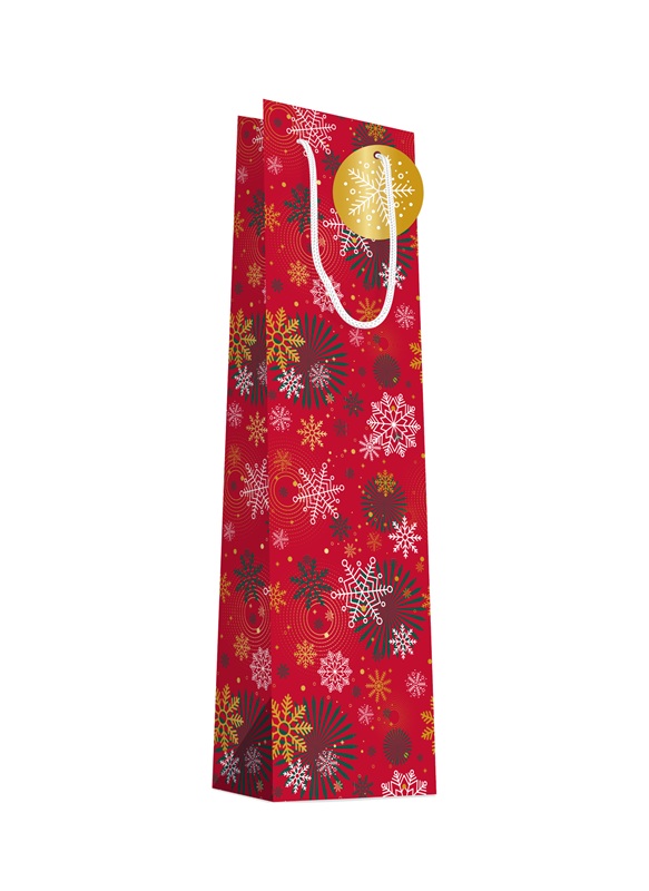 Sac bouteille luxe Noël rouge flocons x20 – 11 x 11 x 39 cm